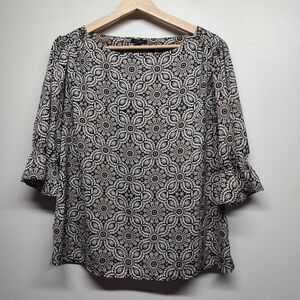 Ann Taylor Factory Blouse Top Women Size M Black Tan Short Sleeve Feminine